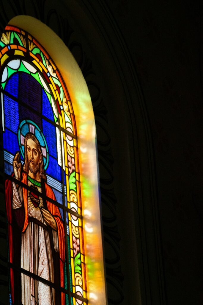 A Stained Glass Window Of Compassionate Heart Of Jesus 683x1024
